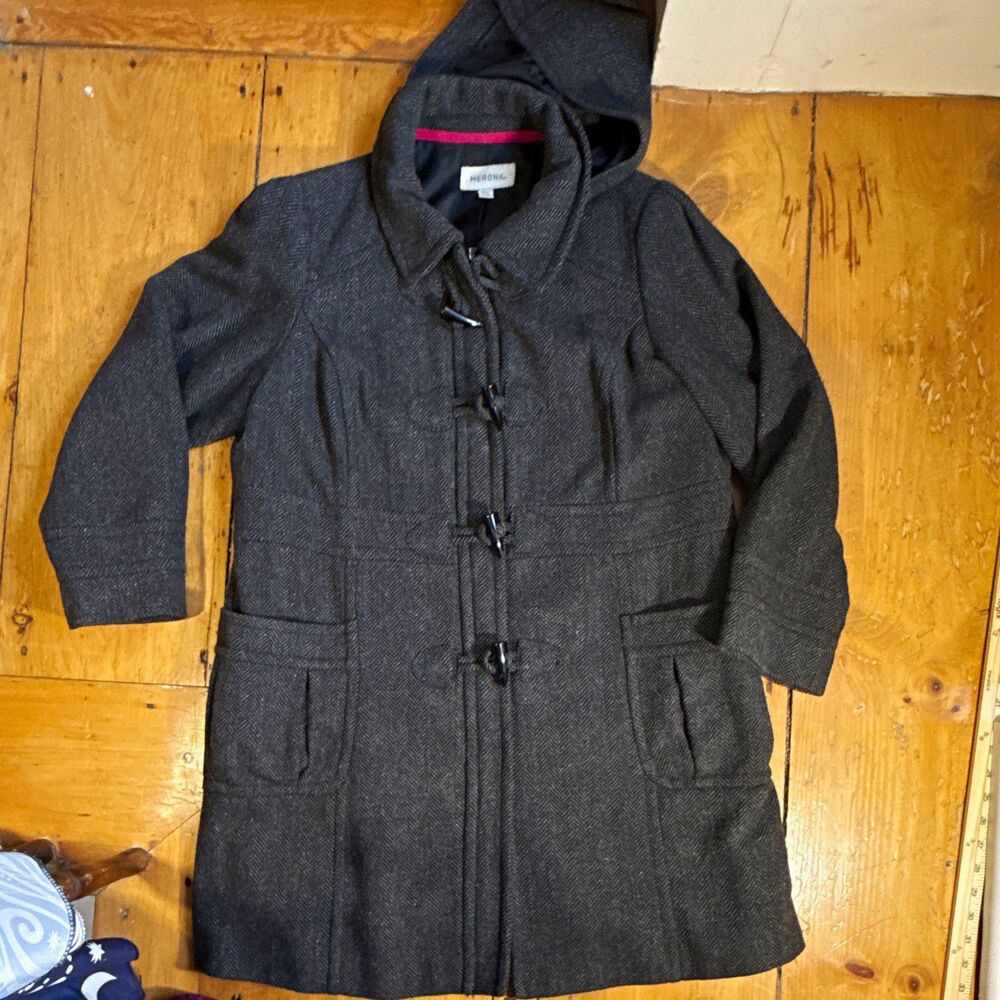 Merona Women’s Gray Herringbone Hooded Toggle Duffle Coat Lined Pockets 16W